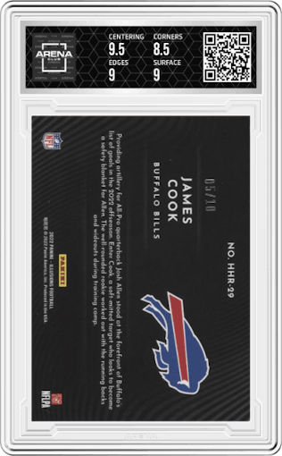 James Cook from the 2022 Panini Illusions set featuring a  Gold  parallel graded by Arena Club and given an overall grade of 9.