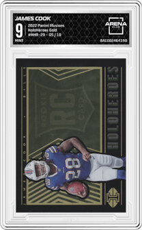 James Cook from the 2022 Panini Illusions set featuring a  Gold  parallel graded by Arena Club and given an overall grade of 9.