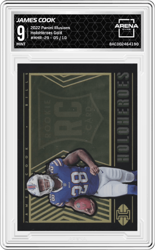 James Cook from the 2022 Panini Illusions set featuring a  Gold  parallel graded by Arena Club and given an overall grade of 9.