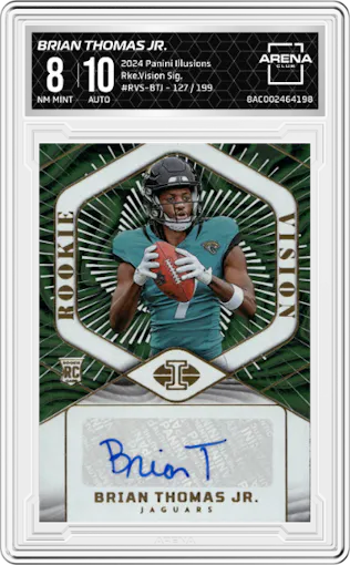 Brian Thomas Jr. from the 2024 Panini Illusions set graded by Arena Club and given an overall grade of 8.