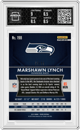 Marshawn Lynch from the 2015 Panini Prizm set featuring a Mojo Red Prizm parallel graded by Arena Club and given an overall grade of 7.