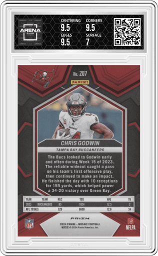 Chris Godwin	 from the 2024 Panini Mosaic set featuring a Honeycomb parallel graded by Arena Club and given an overall grade of 7.5.