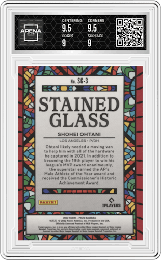 Shohei Ohtani from the 2022 Panini Prizm set graded by Arena Club and given an overall grade of 9.5.