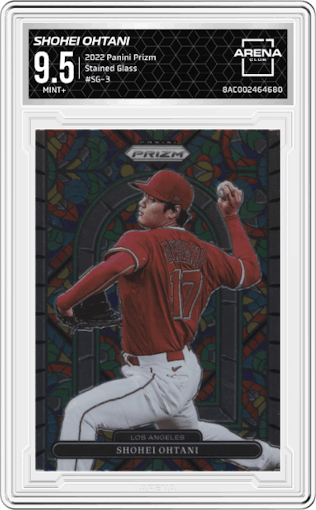 Shohei Ohtani from the 2022 Panini Prizm set graded by Arena Club and given an overall grade of 9.5.