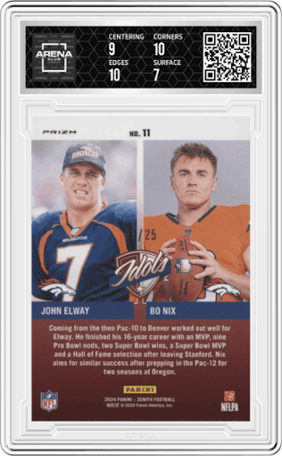Bo Nix/John Elway  from the 2024 Panini Zenith set featuring a Blue parallel graded by Arena Club and given an overall grade of 7.5.