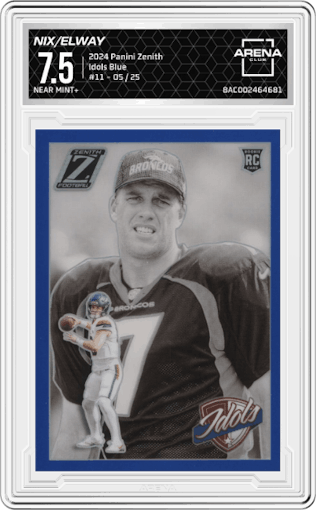 Bo Nix/John Elway  from the 2024 Panini Zenith set featuring a Blue parallel graded by Arena Club and given an overall grade of 7.5.