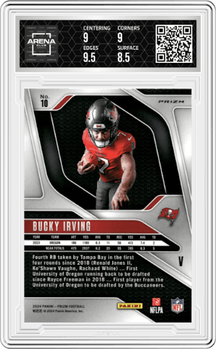 Bucky Irving from the 2024 Panini Prizm set featuring a No Huddle parallel graded by Arena Club and given an overall grade of 9.