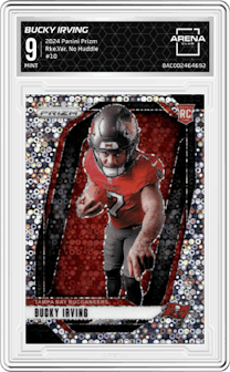 Bucky Irving from the 2024 Panini Prizm set featuring a No Huddle parallel graded by Arena Club and given an overall grade of 9.