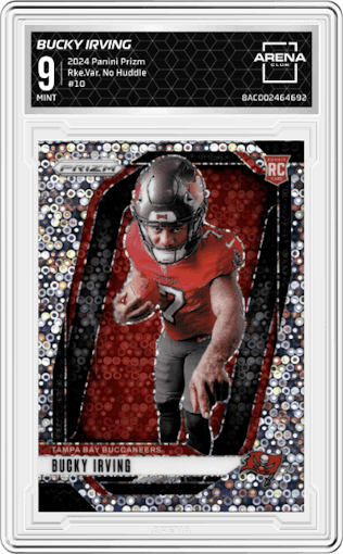 Bucky Irving from the 2024 Panini Prizm set featuring a No Huddle parallel graded by Arena Club and given an overall grade of 9.