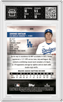 Shohei Ohtani  from the 2024 Topps Stadium Club set graded by Arena Club and given an overall grade of 9.5.