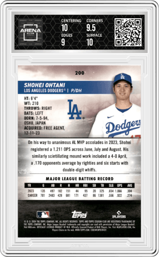 Shohei Ohtani  from the 2024 Topps Stadium Club set graded by Arena Club and given an overall grade of 9.5.