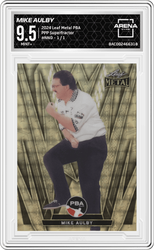 Mike Aulby from the 2024 Leaf Metal PBA set featuring a Pre-Production Proof Superfractor parallel graded by Arena Club and given an overall grade of 9.5.