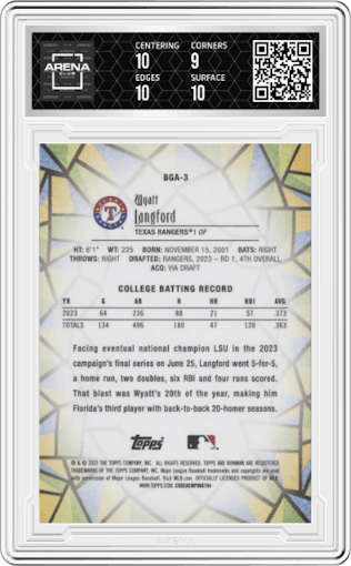Wyatt Langford from the 2023 Bowman Draft set graded by Arena Club and given an overall grade of 9.5.