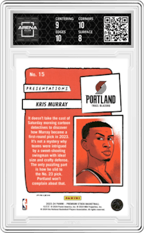Kris Murray from the 2023-24 Panini Hoops Premium Stock set graded by Arena Club and given an overall grade of 8.5.