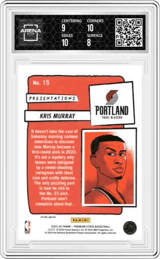 Kris Murray from the 2023-24 Panini Hoops Premium Stock set graded by Arena Club and given an overall grade of 8.5.