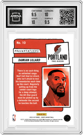 Damian Lillard from the 2023-24 Panini NBA Hoops set graded by Arena Club and given an overall grade of 10.