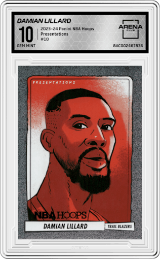 Damian Lillard from the 2023-24 Panini NBA Hoops set graded by Arena Club and given an overall grade of 10.