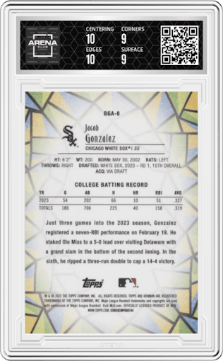 Jacob Gonzalez from the 2023 Bowman Draft set graded by Arena Club and given an overall grade of 9.5.