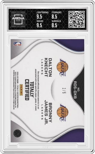 Dalton Knecht/Bronny James Jr. from the 2024-25 Panini Totally Certified set featuring a Mixorama Platinum Mirror parallel graded by Arena Club and given an overall grade of 9.
