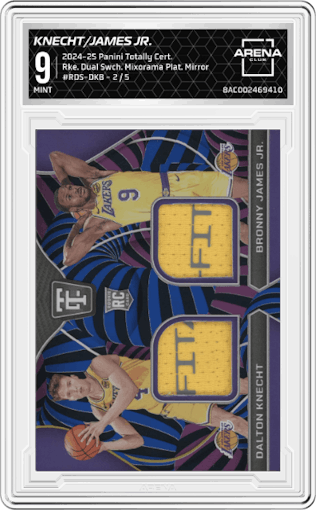 Dalton Knecht/Bronny James Jr. from the 2024-25 Panini Totally Certified set featuring a Mixorama Platinum Mirror parallel graded by Arena Club and given an overall grade of 9.