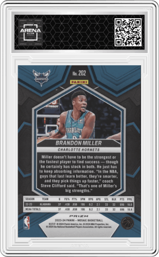 Brandon Miller from the 2023-24 Panini Mosaic set featuring a Genesis parallel graded by Arena Club.
