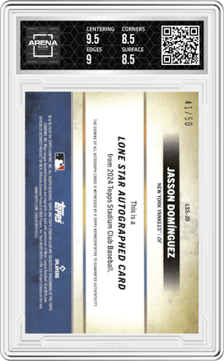 Jasson Dominguez from the 2024 Topps Stadium Club set graded by Arena Club and given an overall grade of 9.