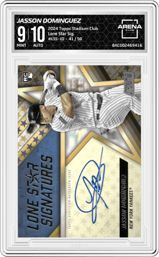 Jasson Dominguez from the 2024 Topps Stadium Club set graded by Arena Club and given an overall grade of 9.