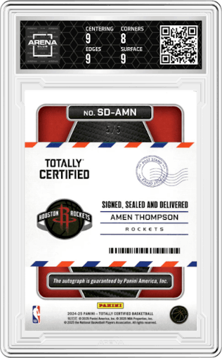 Amen Thompson from the 2024-25 Panini Totally Certified set featuring a Mixorama Platinum Mirror parallel graded by Arena Club and given an overall grade of 8.5.