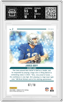 Jared Goff from the 2023 Donruss Optic set featuring a Gold  parallel graded by Arena Club and given an overall grade of 9.5.