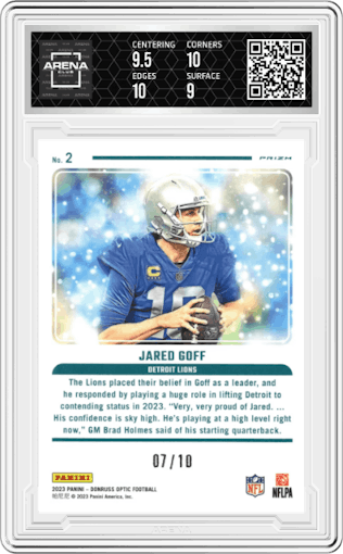 Jared Goff from the 2023 Donruss Optic set featuring a Gold  parallel graded by Arena Club and given an overall grade of 9.5.