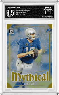 Jared Goff from the 2023 Donruss Optic set featuring a Gold  parallel graded by Arena Club and given an overall grade of 9.5.
