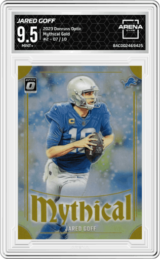 Jared Goff from the 2023 Donruss Optic set featuring a Gold  parallel graded by Arena Club and given an overall grade of 9.5.