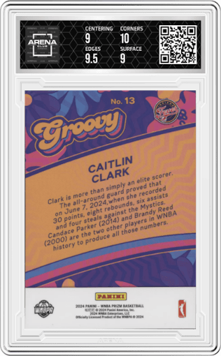 Caitlin Clark from the 2024 Panini Prizm WNBA set graded by Arena Club and given an overall grade of 9.5.