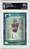 J.J. McCarthy from the 2024 Donruss Optic set featuring a Hyper Green parallel graded by Arena Club and given an overall grade of 9.