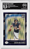 Caleb Williams from the 2024 Donruss Optic set featuring a Purple Shock parallel graded by Arena Club and given an overall grade of 9.5.