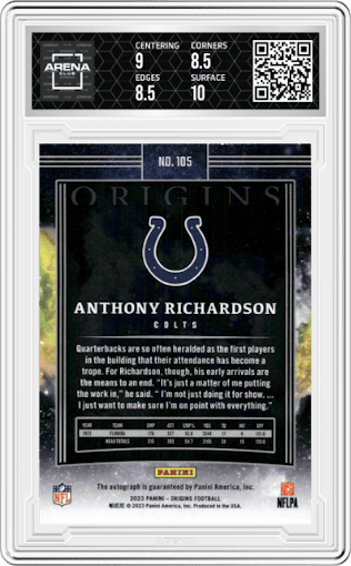 Anthony Richardson from the 2023 Panini Origins set graded by Arena Club and given an overall grade of 9.