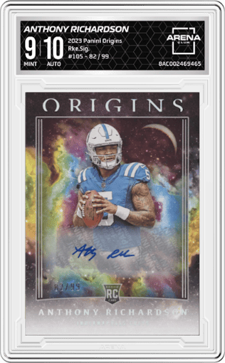 Anthony Richardson from the 2023 Panini Origins set graded by Arena Club and given an overall grade of 9.