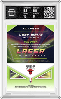 Coby White from the 2020 Panini Rewards Laser Autographs set featuring a Gold parallel and given an overall grade of 9.5.