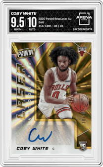 Coby White from the 2020 Panini Rewards Laser Autographs set featuring a Gold parallel and given an overall grade of 9.5.