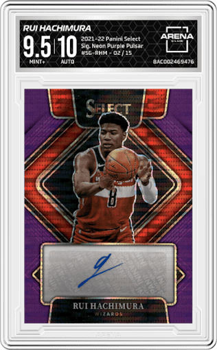Rui Hachimura from the 2021-22 Panini Select set featuring a Neon Purple Pulsar FOTL parallel graded by Arena Club and given an overall grade of 9.5.