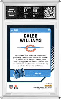 Caleb Williams from the 2024 Donruss Optic set featuring a Green Velocity parallel graded by Arena Club and given an overall grade of 9.5.