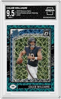 Caleb Williams from the 2024 Donruss Optic set featuring a Green Velocity parallel graded by Arena Club and given an overall grade of 9.5.
