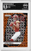 Jayden Daniels from the 2024 Panini Prizm set featuring a Lazer Prizm parallel graded by Arena Club and given an overall grade of 9.5.