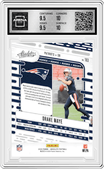 Drake Maye from the 2024 Panini Absolute set featuring a Red & Blue parallel graded by Arena Club and given an overall grade of 10.