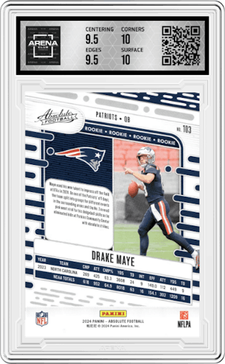 Drake Maye from the 2024 Panini Absolute set featuring a Red & Blue parallel graded by Arena Club and given an overall grade of 10.