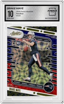 Drake Maye from the 2024 Panini Absolute set featuring a Red & Blue parallel and given an overall grade of 10.