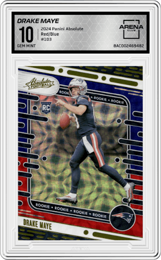 Drake Maye from the 2024 Panini Absolute set featuring a Red & Blue parallel graded by Arena Club and given an overall grade of 10.