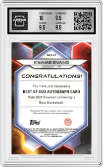 Kwame Evans from the 2023-24 Bowman Best University set featuring a Geometric Red Refractor parallel and given an overall grade of 10.