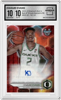 Kwame Evans from the 2023-24 Bowman Best University set featuring a Geometric Red Refractor parallel and given an overall grade of 10.