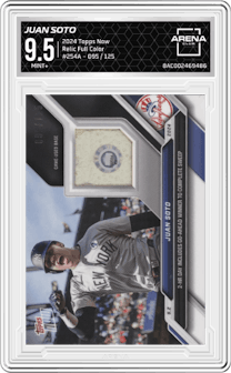 Juan Soto from the 2024 Topps Now set featuring a Full Color parallel and given an overall grade of 9.5.